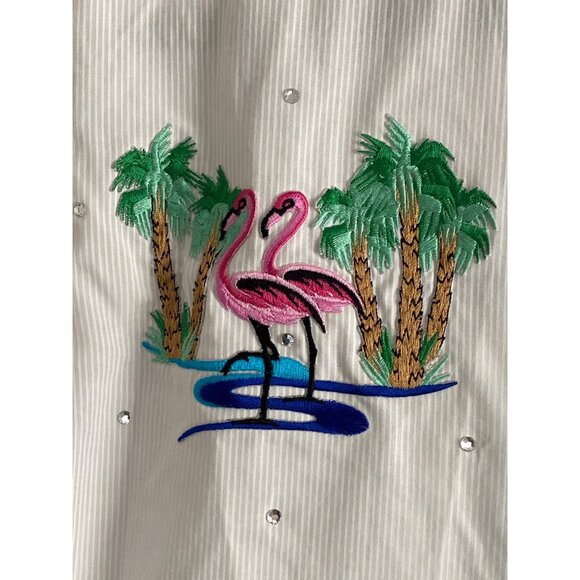 Las Olas Oved Intl Blouse Button Front Flamingo Embroidered Silver Stripe Small - Picture 5 of 11